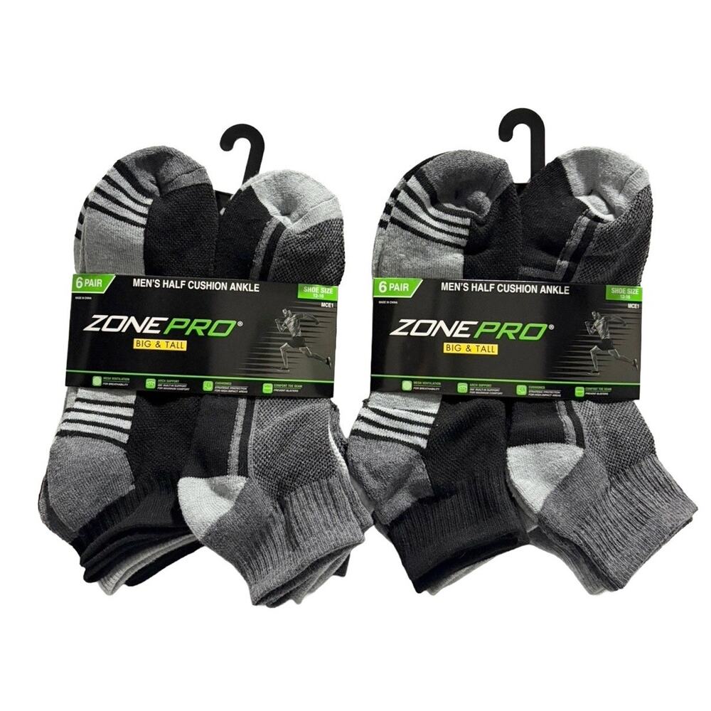 Zone Pro Big & Tall Men’s Half Cushion Ankle Socks 12 Pair Shoe 12-16 NEW